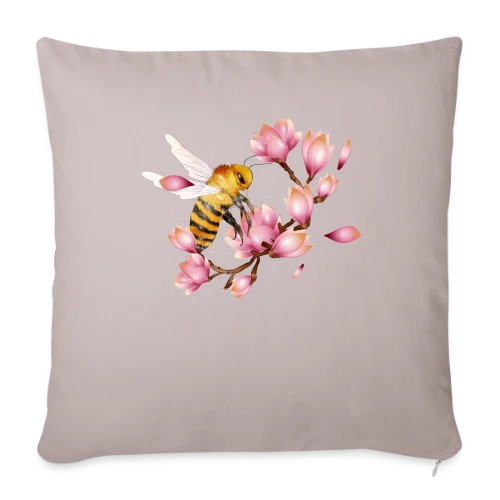 Abeille Volante et Magnolias – Dessin Main Élégant - Housse de coussin décorative 45 x 45 cm