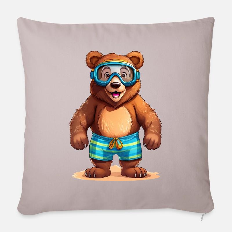 Ours brun avec maillot de bain et lunettes de plongée à la mer - Housse de coussin décorative 45 x 45 cm - taupe clair