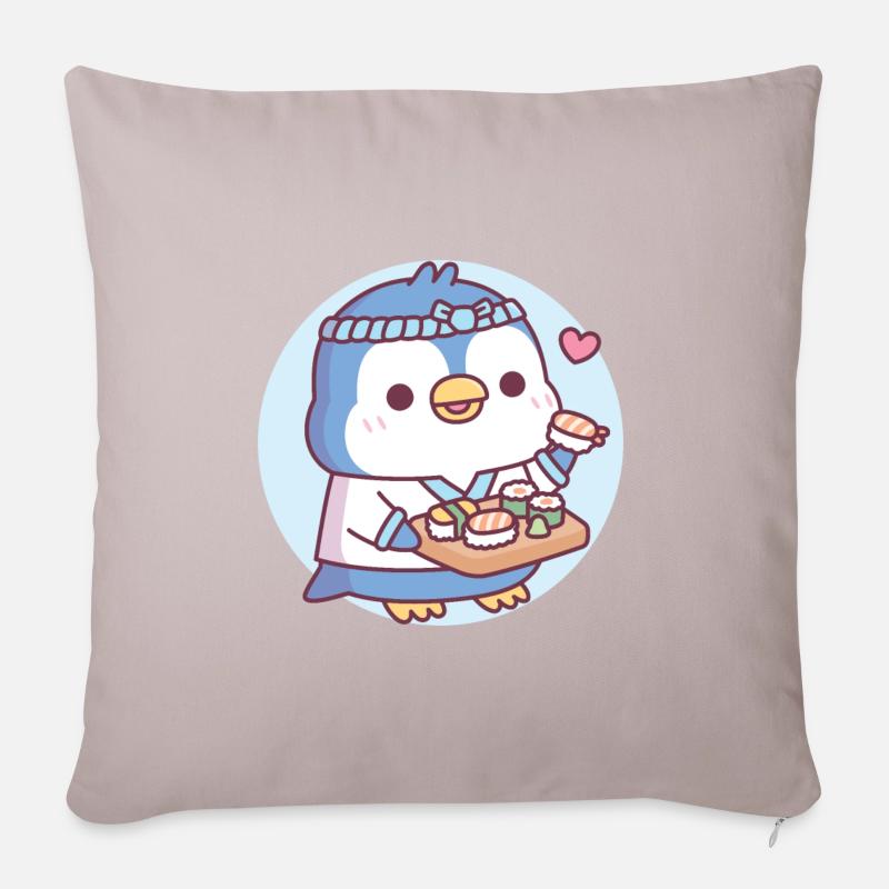 Niedlicher blauer Pinguin-Sushi-Koch - Sofakissenbezug 45 x 45 cm - helles Taupe