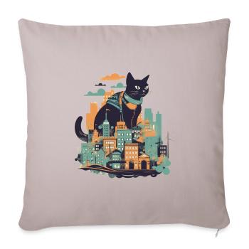 Chat noir assis devant une ville colorée - Housse de coussin décorative 45 x 45 cm - taupe clair - Devant