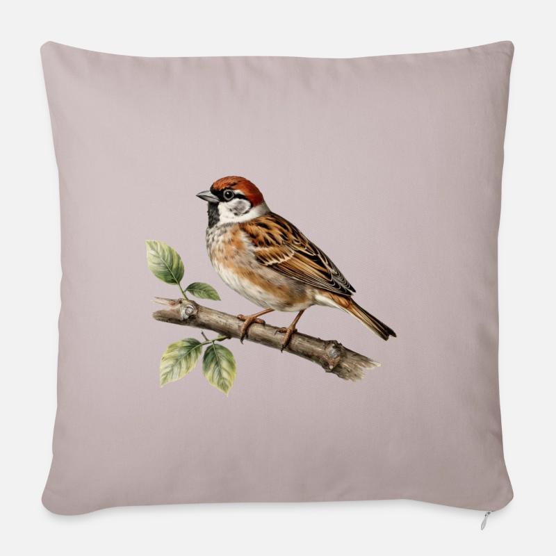 Spatzenfink, Vogel auf botanischem Zweig - Sofakissenbezug 45 x 45 cm - helles Taupe