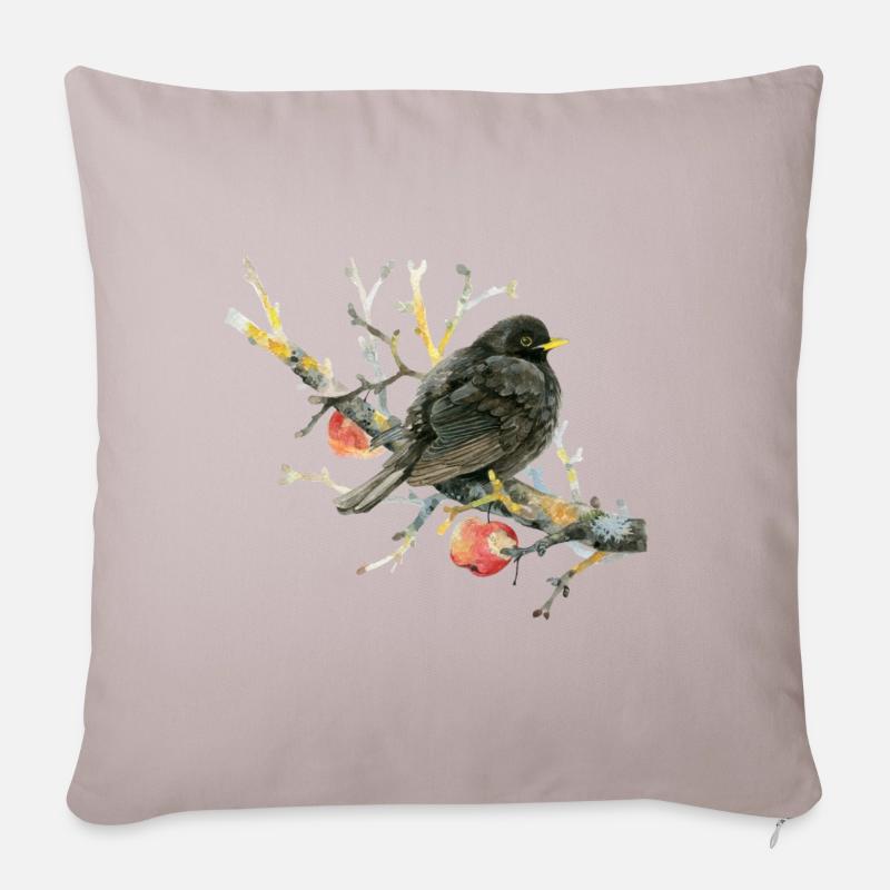 Lovingly painted blackbird on an apple branch - Sofa pillowcase 17,3'' x 17,3'' (45 x 45 cm) - light taupe