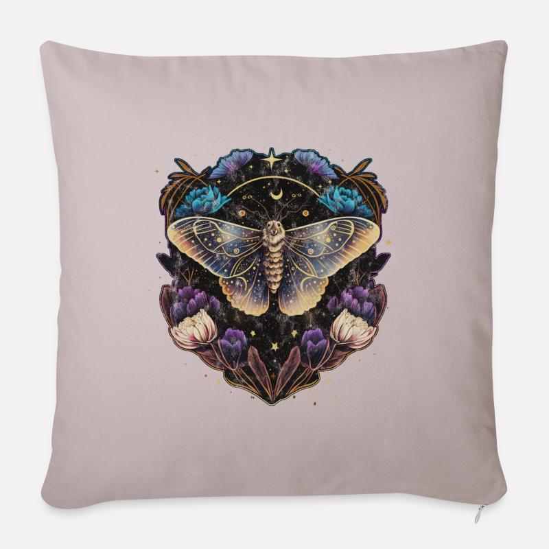 Moth, papillon de nuit, fleurs, lune, gothique, wicca - Housse de coussin décorative 45 x 45 cm - taupe clair