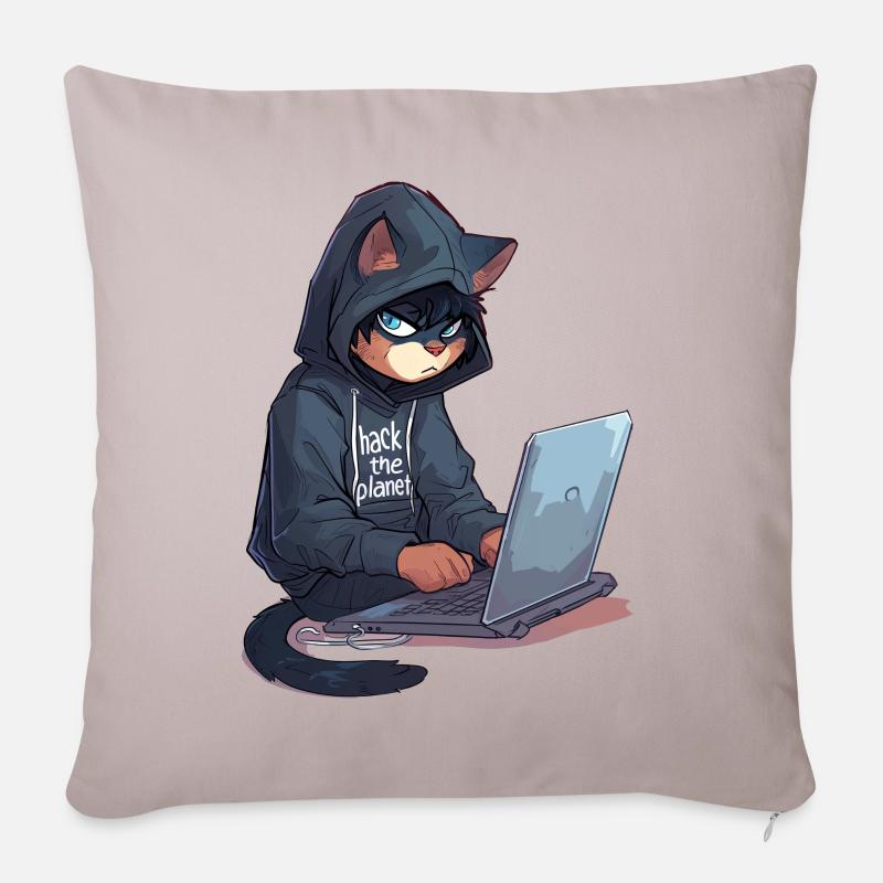 Cyber Hacker Cat Hackerkatze - Sofakissenbezug 45 x 45 cm - helles Taupe