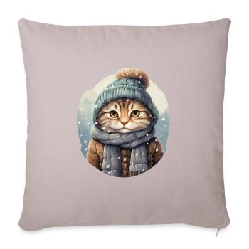 Chat en hiver avec chapeau, écharpe et veste - Housse de coussin décorative 45 x 45 cm - taupe clair - Devant