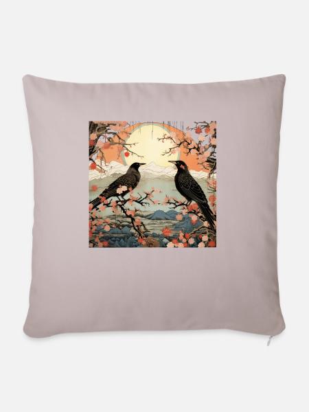 Ukiyo e crow collage kunst - Sofakissenbezug 45 x 45 cm - helles Taupe