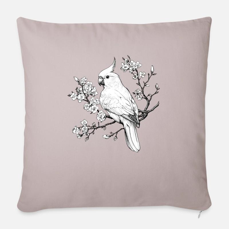 Nymphensittich in Sakura Kirschblüten - Sofakissenbezug 45 x 45 cm - helles Taupe