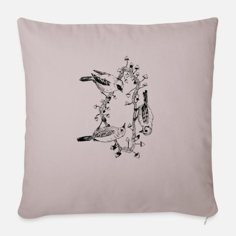 Trio d'oiseaux / champignons / arbre - Housse de coussin décorative 45 x 45 cm - taupe clair