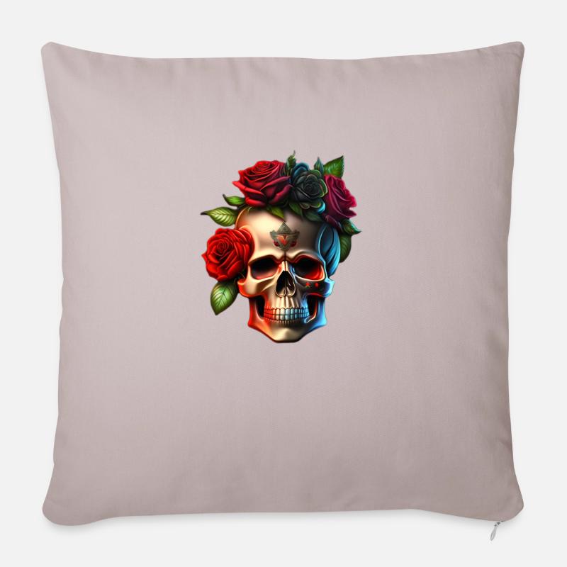 Totenkopf mit Rosen - Sofakissenbezug 45 x 45 cm - helles Taupe