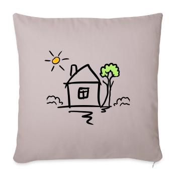 Maison avec arbre et soleil. Dessin. Dessiné à la main - Housse de coussin décorative 45 x 45 cm - taupe clair - Devant