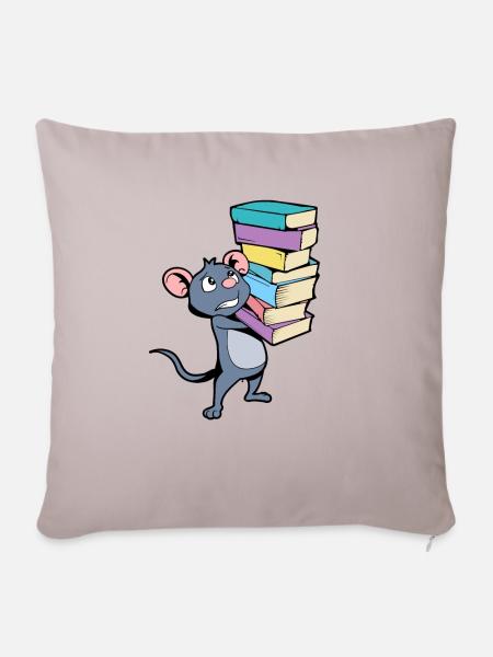 Cartoon Maus mit Bücherstapel - Leseratte - Sofakissenbezug 45 x 45 cm - helles Taupe