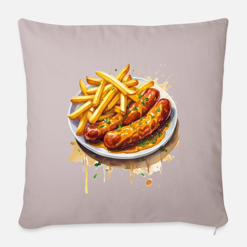 Currywurst mit Pommes - Sofakissenbezug 45 x 45 cm - helles Taupe
