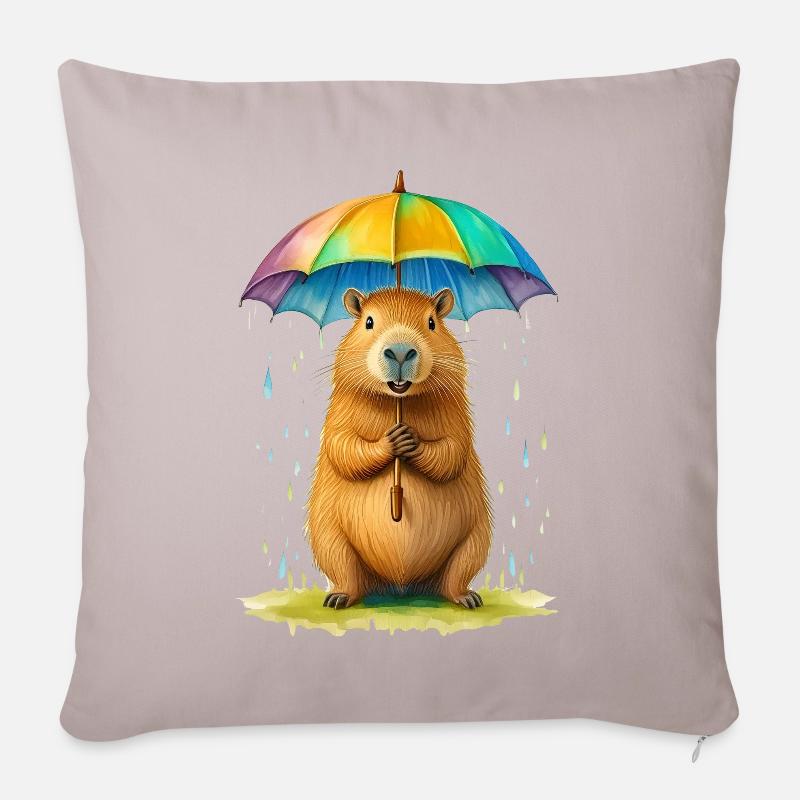 Capybara mit Regenschirm - Sofakissenbezug 45 x 45 cm - helles Taupe
