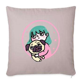 Mädchen mit Mops Hund Puppy - Sofakissenbezug 45 x 45 cm - helles Taupe - Vorne