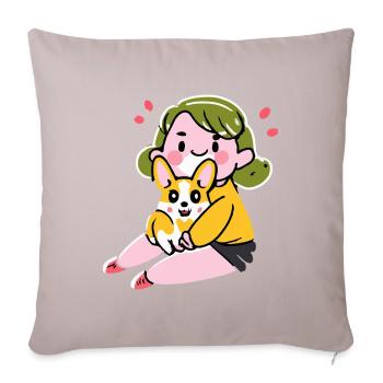 Fille avec Corgi Cartoon Dog Gift Puppy - Housse de coussin décorative 45 x 45 cm - taupe clair - Devant