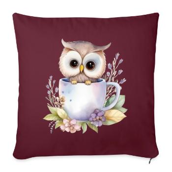 Hibou mignon avec des fleurs dans une tasse - Housse de coussin décorative 45 x 45 cm - bordeaux - Devant