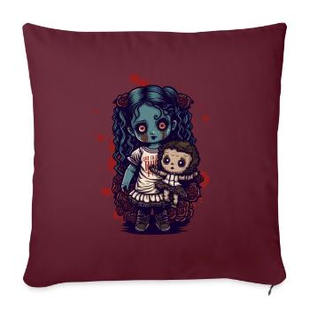 Poupée Goth effrayante avec ours en peluche - Gothique - Housse de coussin décorative 45 x 45 cm - bordeaux - Devant
