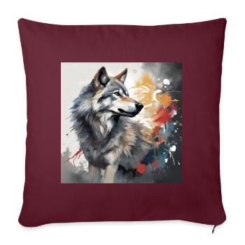 Gemalter Wolf -Tierbild - Wolf T-Shirt kunstvoll - Sofakissenbezug 45 x 45 cm - Burgunderrot - Vorne