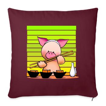 Le porc essaie les sushis avec des baguettes - Housse de coussin décorative 45 x 45 cm - bordeaux - Devant
