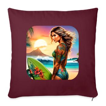Fille surfeuse sexy sur la plage avec coucher de soleil - Housse de coussin décorative 45 x 45 cm - bordeaux - Devant