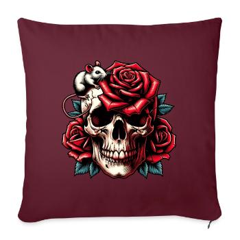 Crâne avec des roses rouges, des vrilles de rose et une souris - Housse de coussin décorative 45 x 45 cm - bordeaux - Devant