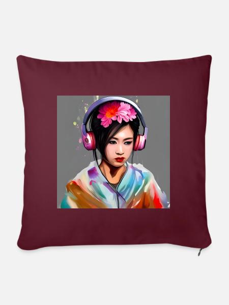 Kopfhörer Geisha Farbexplosion - Sofakissenbezug 45 x 45 cm - Burgunderrot