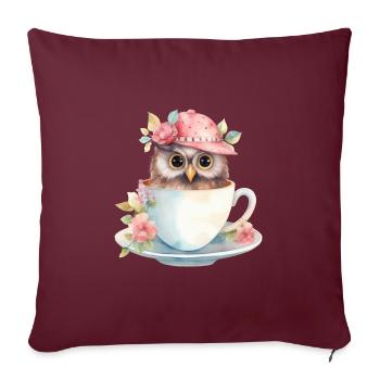 Hibou mignon avec chapeau et fleurs dans une tasse - Housse de coussin décorative 45 x 45 cm - bordeaux - Devant