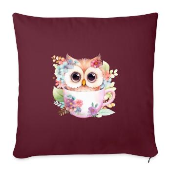 Hibou mignon dans une tasse avec des fleurs - Housse de coussin décorative 45 x 45 cm - bordeaux - Devant