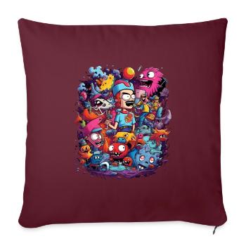 Cartoon Figuren Monster Mensch Tiere Bunt - Sofakissenbezug 45 x 45 cm - Burgunderrot - Vorne