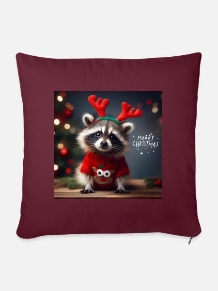 Waschbär im Weihnachtspullover - Sofakissenbezug 45 x 45 cm - Burgunderrot