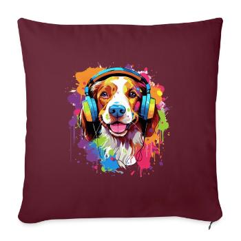 Chien breton coloré avec des écouteurs - Housse de coussin décorative 45 x 45 cm - bordeaux - Devant