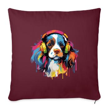 Bunter King Charles Spaniel mit Kopfhörer - Sofakissenbezug 45 x 45 cm - Burgunderrot - Vorne