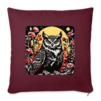 Hibou avec des vrilles de pétales de rose en aspect gravure sur bois - Housse de coussin décorative 45 x 45 cm - bordeaux - Devant