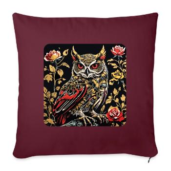 Hibou avec des vrilles de pétales de rose en aspect gravure sur bois - Housse de coussin décorative 45 x 45 cm - bordeaux - Devant