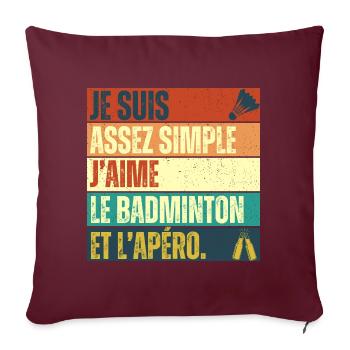 J' aime le badminton et l' apéro cadeau vintage - Housse de coussin décorative 45 x 45 cm - bordeaux - Devant