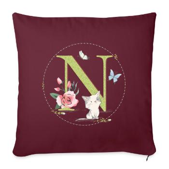 Lettre initiale N avec chat - Housse de coussin décorative 45 x 45 cm - bordeaux - Devant