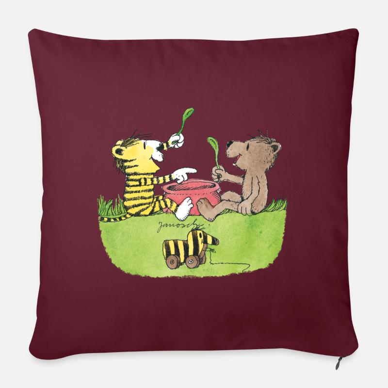 Janosch Tigre Et Ours Mangent Du Pot - Housse de coussin décorative 45 x 45 cm - bordeaux