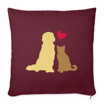 Amis pour toujours - chien et chat - cadeau coeur - Housse de coussin décorative 45 x 45 cm - bordeaux - Devant