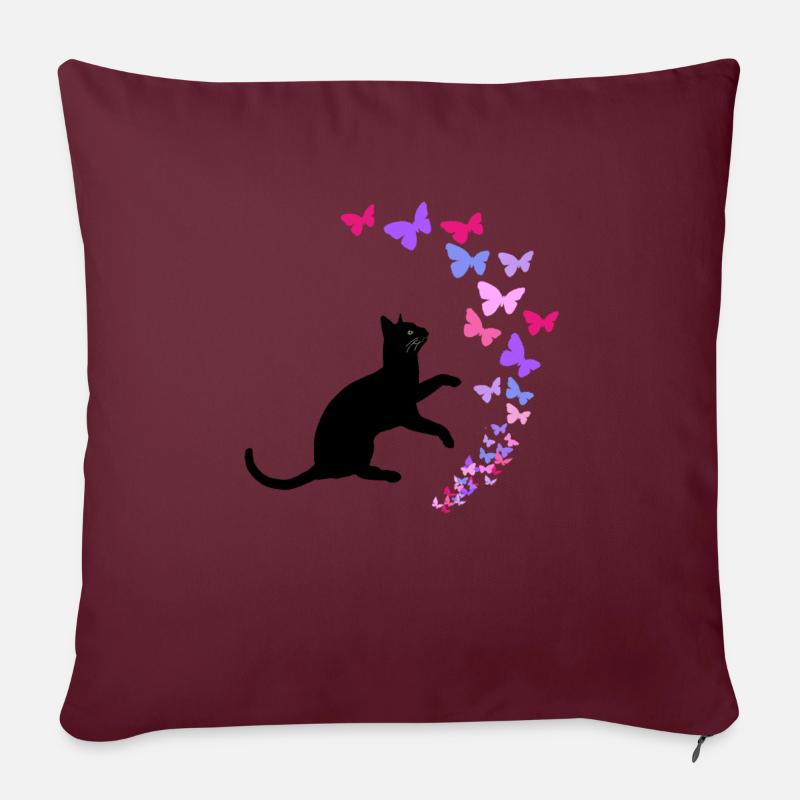 Schwarze Katze und bunte Schmetterlinge Design - Sofakissenbezug 45 x 45 cm - Burgunderrot