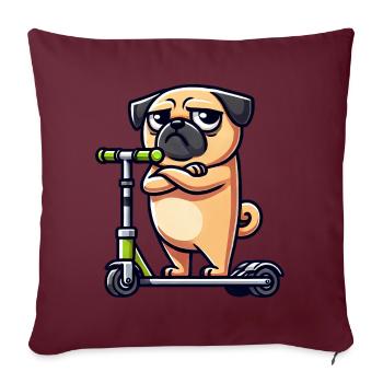 Hund Mops auf Roller Comic Cartoon - Sofakissenbezug 45 x 45 cm - Burgunderrot - Vorne