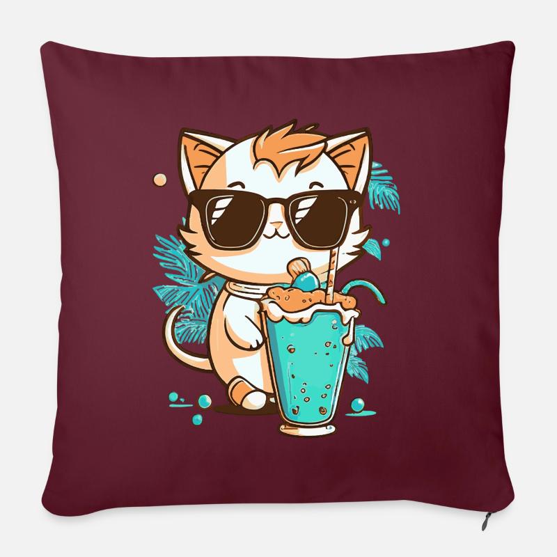 Chat en vacances d’été - Housse de coussin décorative 45 x 45 cm - bordeaux