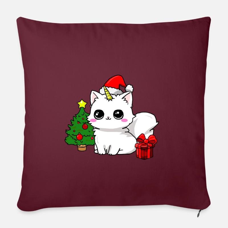 Chat-licorne de Noël - Housse de coussin décorative 45 x 45 cm - bordeaux