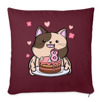 Un chat potelé tient un gâteau d’anniversaire 8. - Housse de coussin décorative 45 x 45 cm - bordeaux - Devant