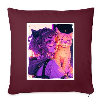 Anime Girl Katze Kätzchen Manga Ink Blume Neon - Sofakissenbezug 45 x 45 cm - Burgunderrot - Vorne