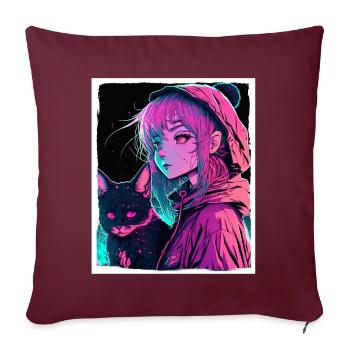 Anime Girl Katze Kätzchen Manga Ink Blume Neon - Sofakissenbezug 45 x 45 cm - Burgunderrot - Vorne