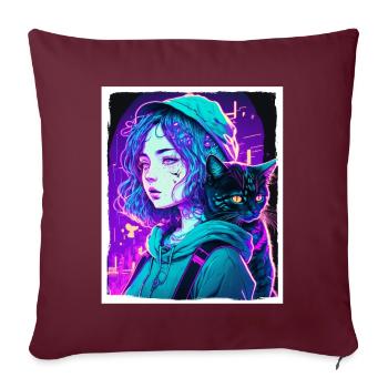 Anime Girl Katze Kätzchen Manga Ink Blume Neon - Sofakissenbezug 45 x 45 cm - Burgunderrot - Vorne