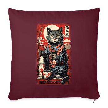 Chat saké japonais Vintage Art - Housse de coussin décorative 45 x 45 cm - bordeaux - Devant