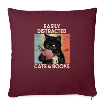 Easily Distracted by cats and books cadeau chat - Housse de coussin décorative 45 x 45 cm - bordeaux - Devant