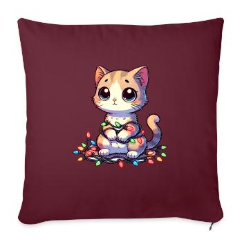 Chat de Noël empêtré dans des guirlandes lumineuses - - Housse de coussin décorative 45 x 45 cm - bordeaux - Devant