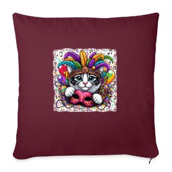 Mardi Gras Chat Masque Plume Coiffe - Housse de coussin décorative 45 x 45 cm - bordeaux - Devant